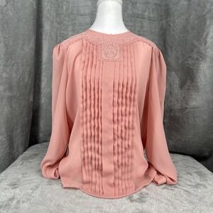 VTG Armon Originals New York Pink Lace App Pleated Blouse Semi Sheer Long Sleeve